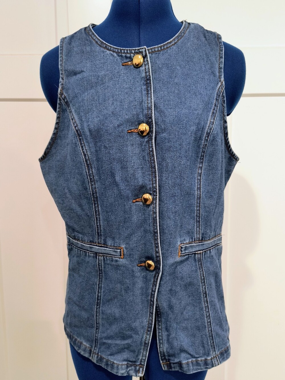 Sincerly Jules Dark Blue Denim Vest with Gold Buttons